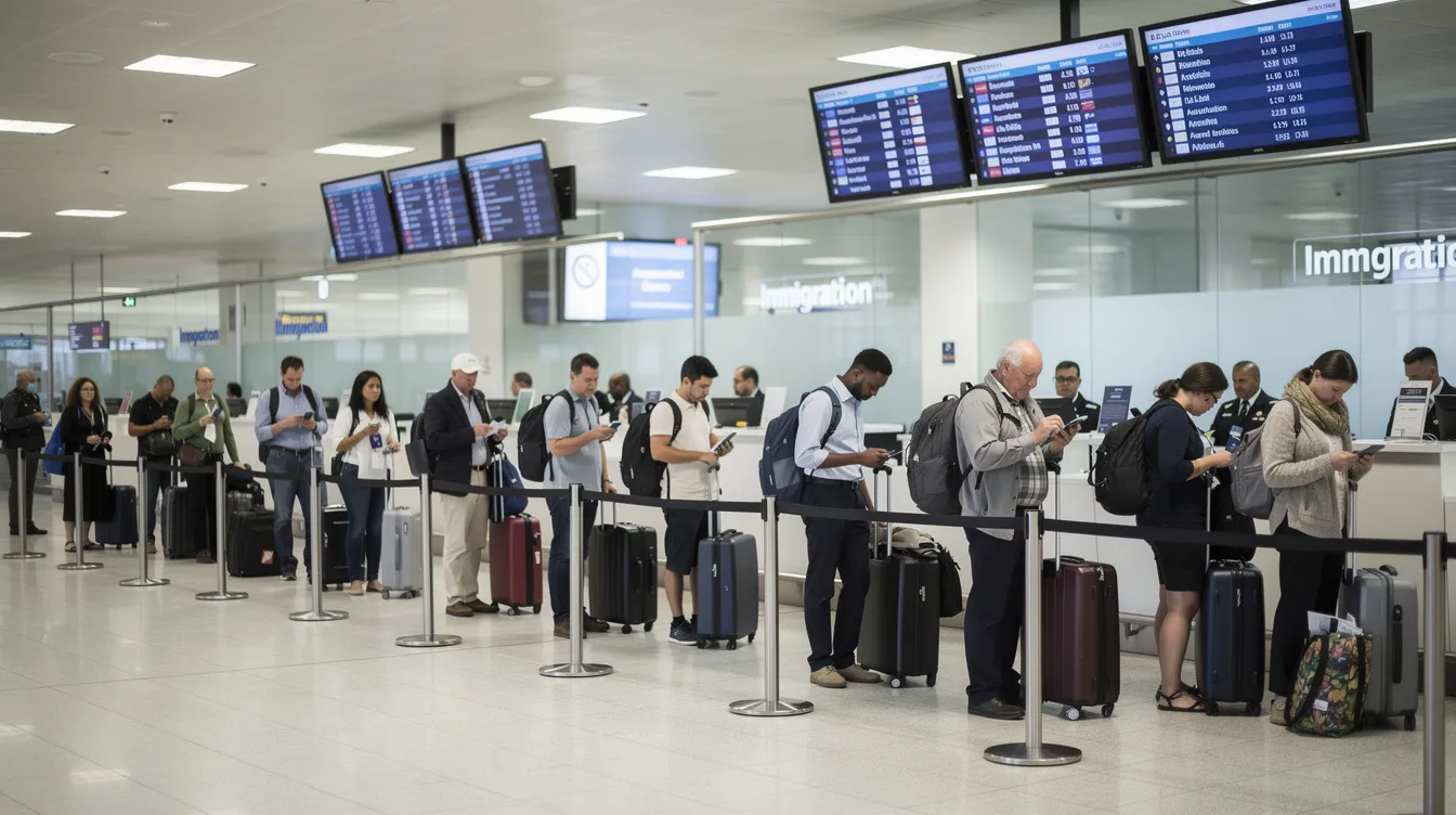 A long line of travellers is queuing at an airport immigration control area, each person waiting to present their valid passport and immigration status for entry clearance. The scene highlights the importance of having all necessary documents ready to avoid unnecessary delays in the immigration process.