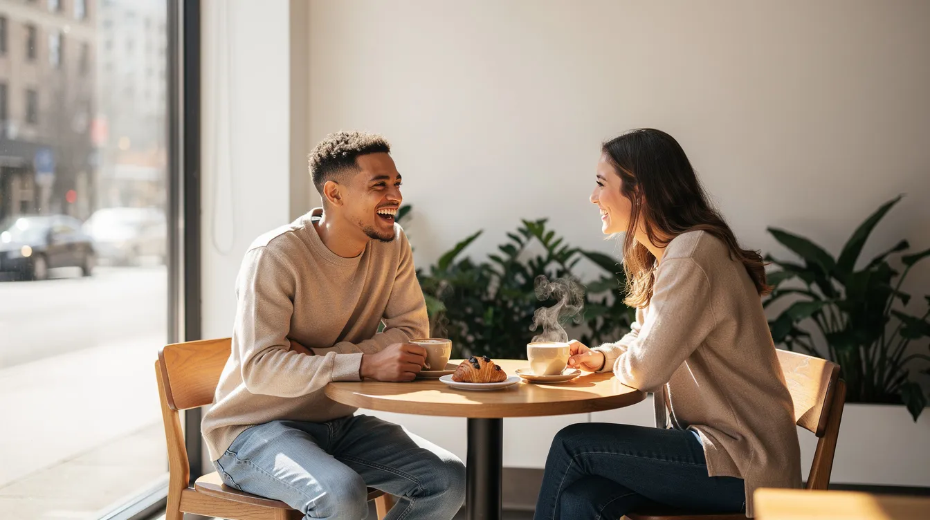 The image depicts two people sitting at a bright café, sharing a coffee and engaging in conversation, likely experiencing the excitement and uncertainty stage of a romantic relationship. Their body language suggests emotional intimacy as they navigate the early stages of dating, possibly discussing their hopes and desires for the future.