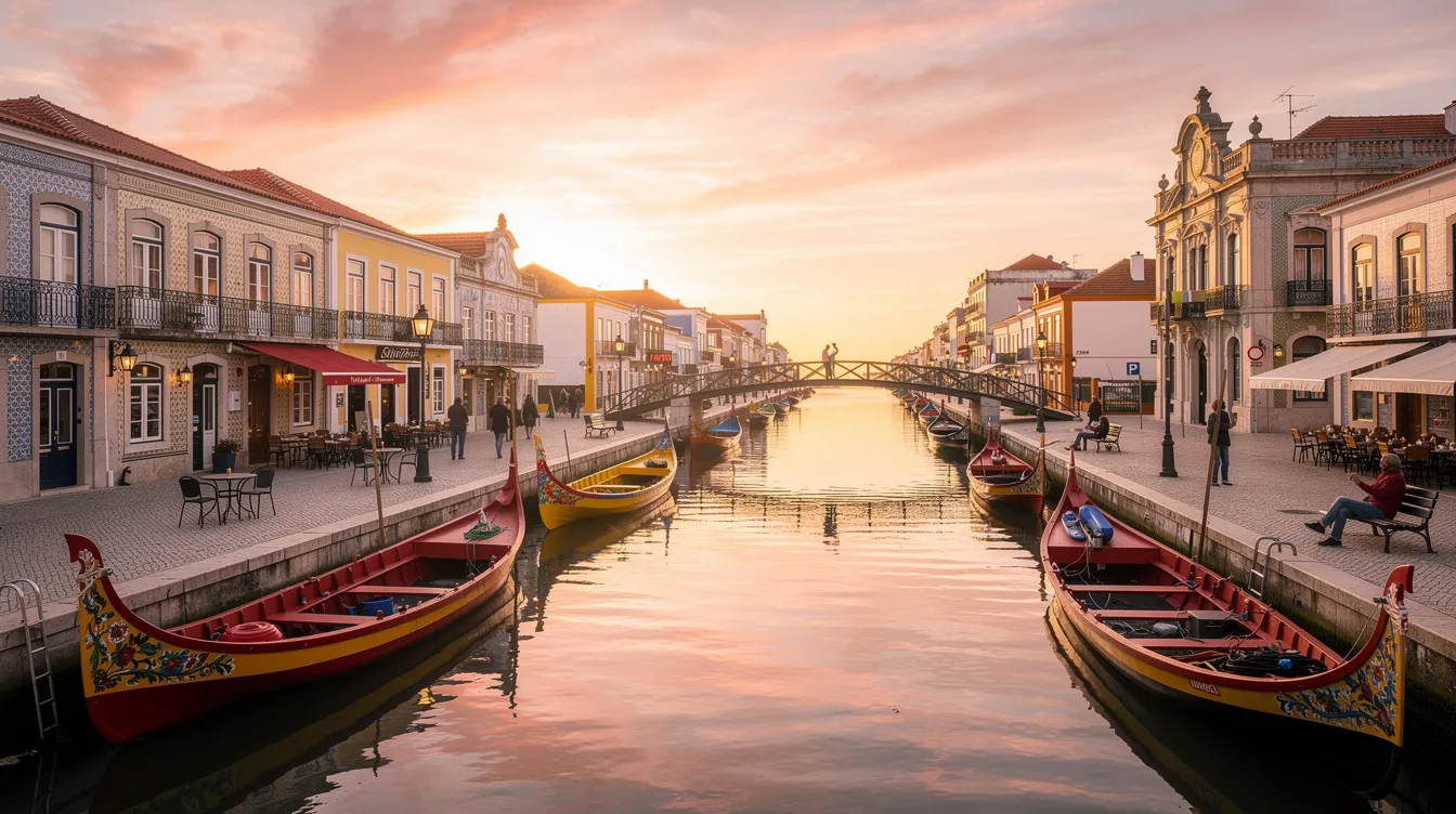 A imagem mostra uma vista panorâmica da cidade de Aveiro, em Portugal, com seus canais característicos e barcos de pesca coloridos, rodeados por construções históricas e a vegetação do interior. Essa região é um destino popular para viajantes que buscam atividades culturais e naturais.