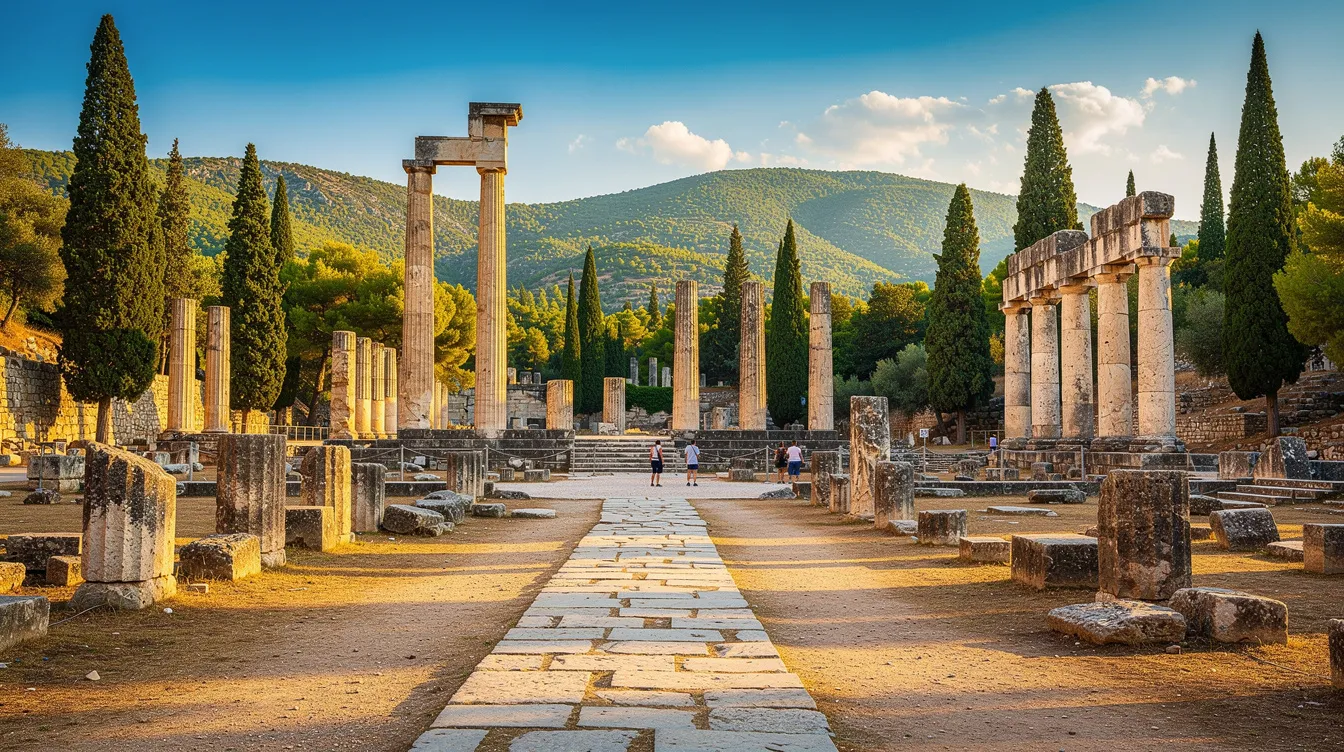 A imagem retrata as ruínas de Olímpia, na Grécia, destacando o Templo de Zeus, um importante símbolo da história e cultura grega. Ao fundo, pode-se ver a vegetação ao redor e as montanhas que cercam essa antiga cidade, famosa por ser o berço dos Jogos Olímpicos.