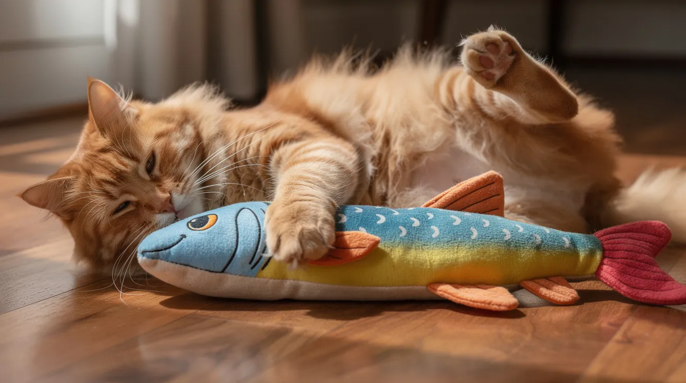 A fluffy orange tabby cat lies on its side on a hardwood floor, playfully hugging and bunny kicking a long plush fish toy filled with catnip. This durable kicker toy provides mental stimulation and entertainment, showcasing the cat's joy as it engages with its favorite cat toy.