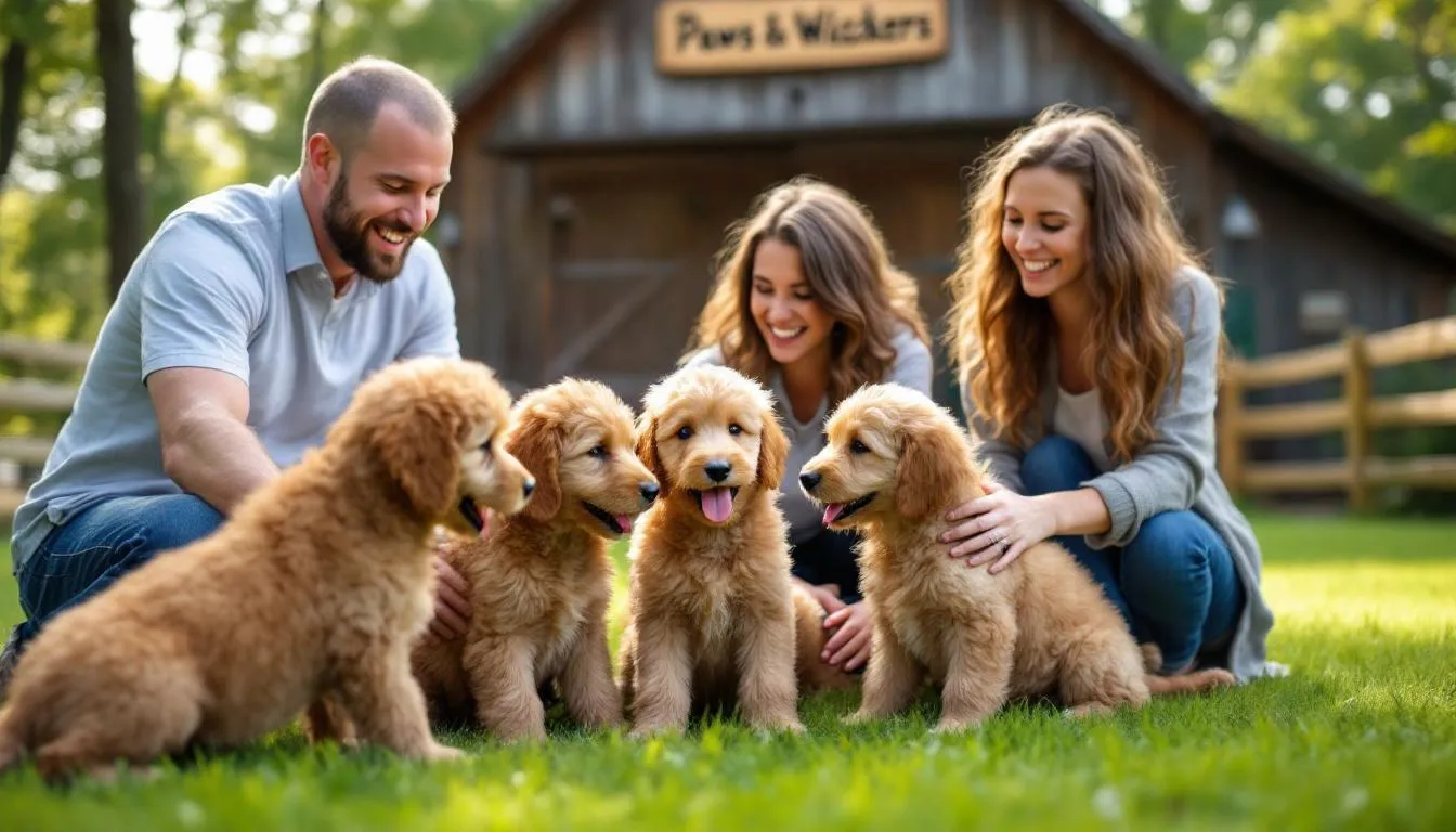 A happy family is joyfully meeting a litter of mini goldendoodle puppies at a reputable breeder