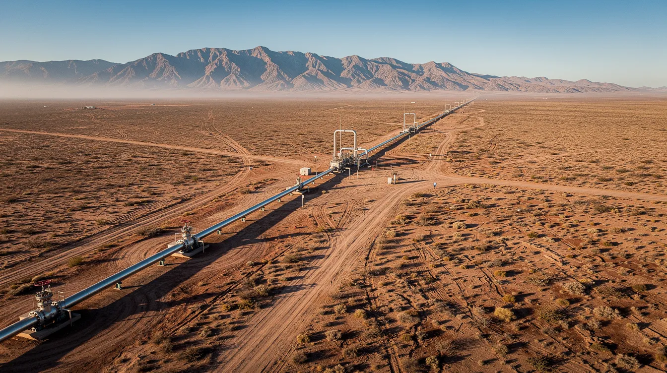 An aerial view captures a natural gas pipeline extending across a dry, arid landscape, with distant mountains visible in the background. This image highlights the infrastructure of the natural gas industry, showcasing the vital role of oil and gas companies in energy production and transportation.