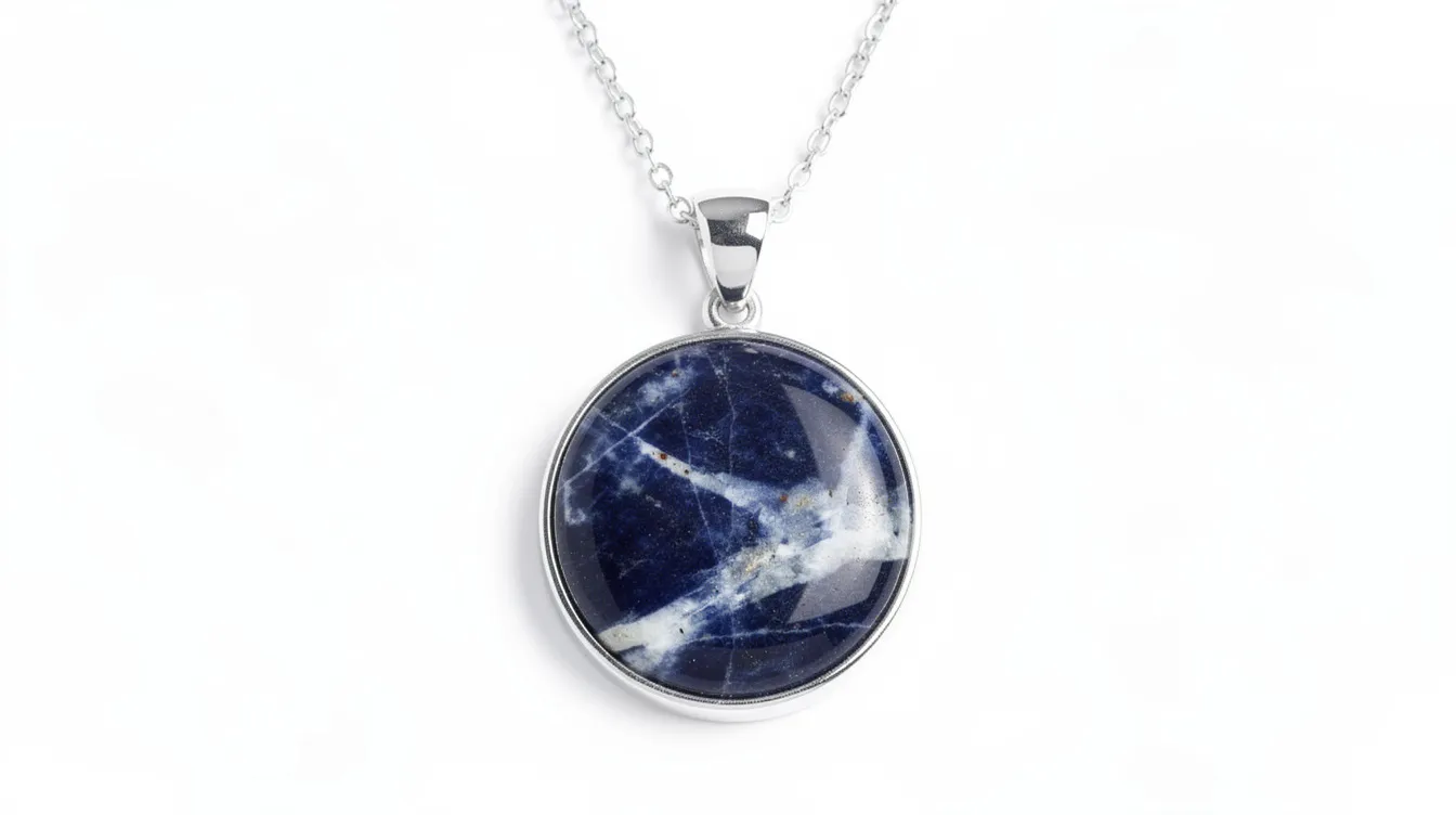 An elegant sodalite pendant necklace, featuring a polished blue stone with white veins, is displayed on a white surface, highlighting its decorative qualities. This sodalite jewelry piece is known for its metaphysical healing properties, particularly in promoting emotional balance and inner peace.