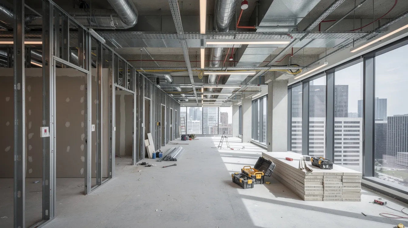 The image depicts a commercial office interior currently under construction, featuring exposed ceilings and framing, highlighting the ongoing tenant improvements. This space is designed to accommodate potential tenants and may involve various upgrades, such as HVAC systems and security installations, as part of the overall tenant improvement allowance.