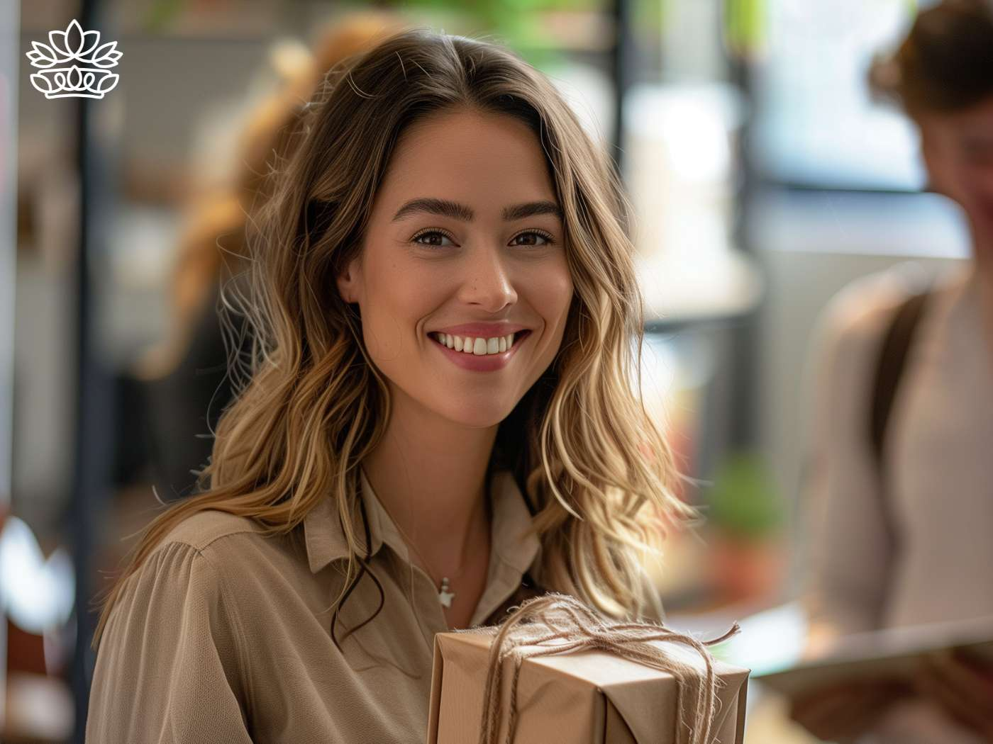 A radiant woman with wavy hair smiling while holding a delicately wrapped gift box, conveying the joy of giving from Fabulous Flowers and Gifts.