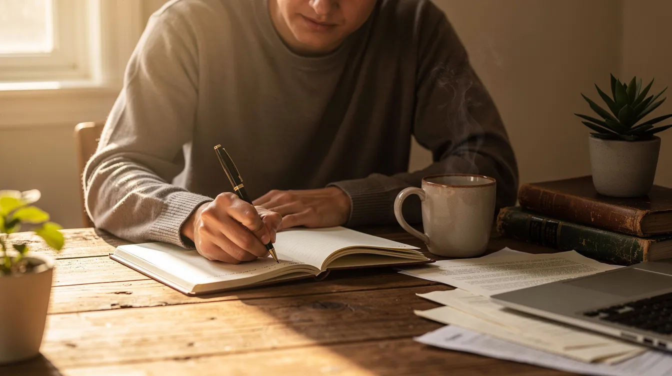 A person is sitting at a wooden desk, deeply engaged in writing in a journal, reflecting on their thoughts and experiences. This scene captures the essence of personal growth and the dating journey, highlighting the importance of meaningful connections in the pursuit of romantic relationships.