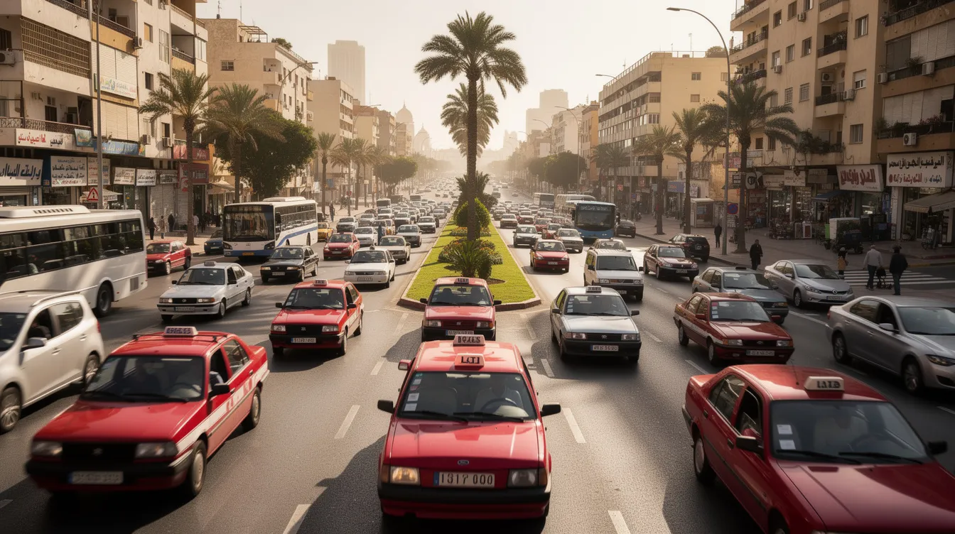 Une avenue animée à Casablanca, où l'on peut voir des taxis rouges et diverses voitures circulant, illustrant l'effervescence du centre-ville. Cette scène évoque également les possibilités de location de voitures à Casablanca pour les visiteurs souhaitant explorer la ville.