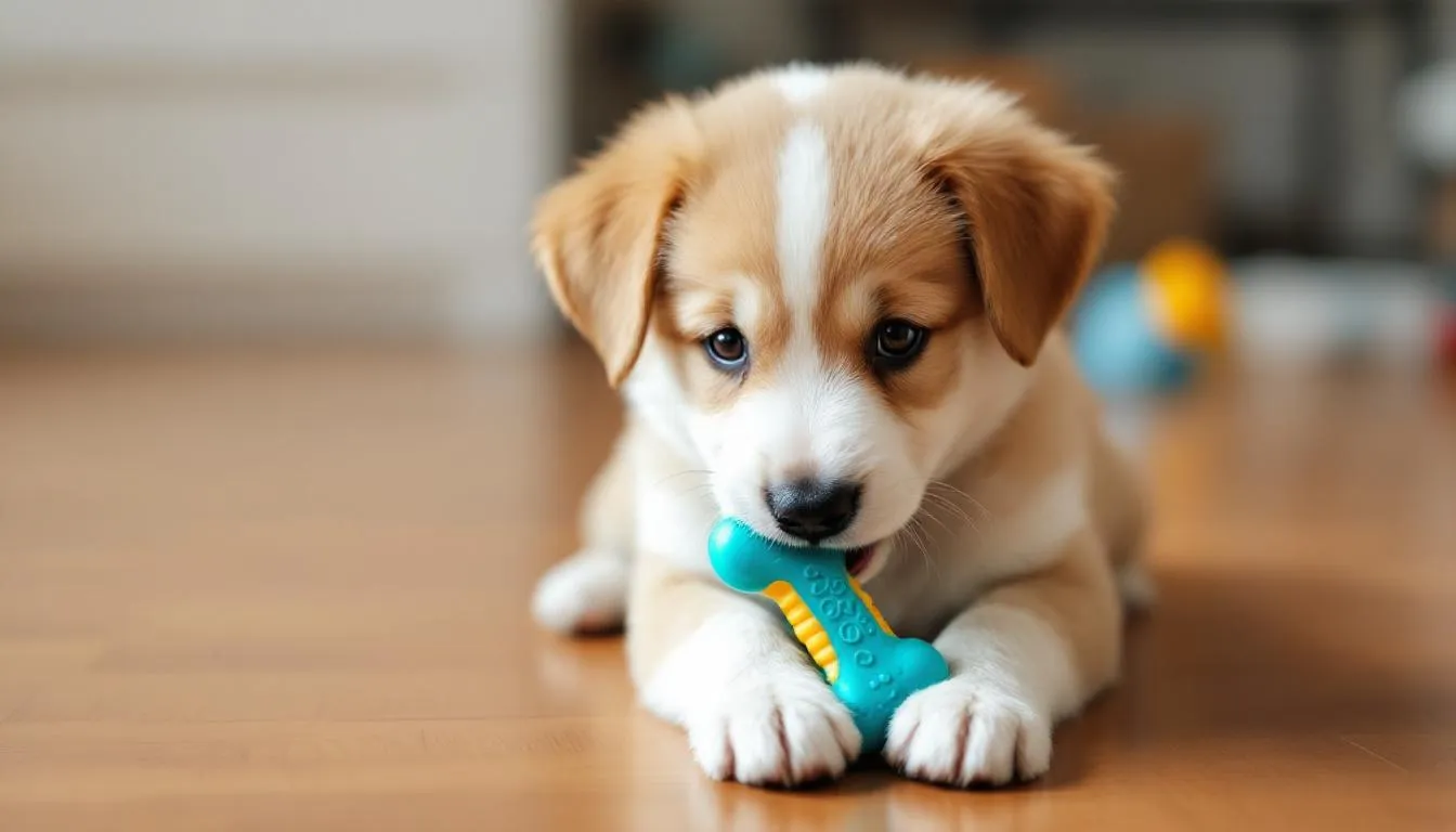 A young puppy with a gentle expression is happily chewing on a colorful teething toy, showcasing its tiny teeth and playful nature. The scene captures the essence of puppyhood, with the delightful smell of puppy breath filling the air as it engages in this healthy teething activity.