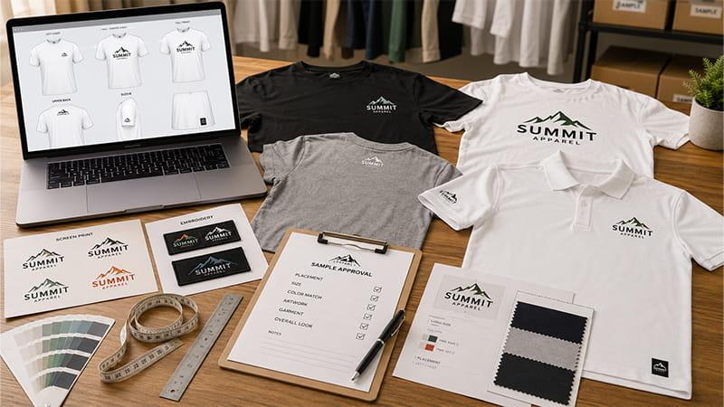 Custom T-shirt logo placement review with apparel mockups, embroidery and screen printing samples, measurement tools, and sample approval documents