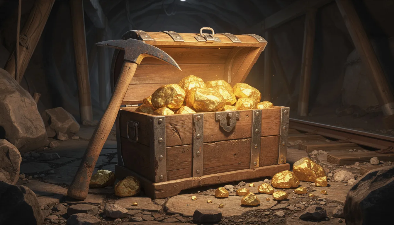 En skattkista med ett guldgruvtema är fylld med gyllene nuggetar och en pickaxe, vilket ger en känsla av äventyr och rikedom. Denna bild återspeglar spänningen i att vara en "gold digger" och utforska möjligheterna i online slots och casinospel.