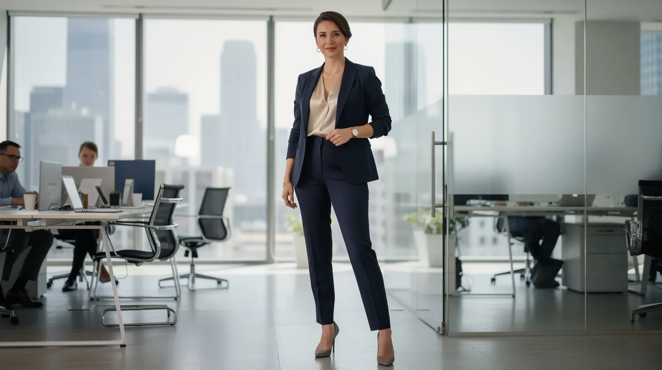 A high-value woman is depicted in a professional outfit, confidently navigating her workplace, embodying traits such as self-esteem, self-respect, and emotional intelligence. She represents personal growth and the pursuit of fulfilling relationships, showcasing the essence of a balanced and empowered life.