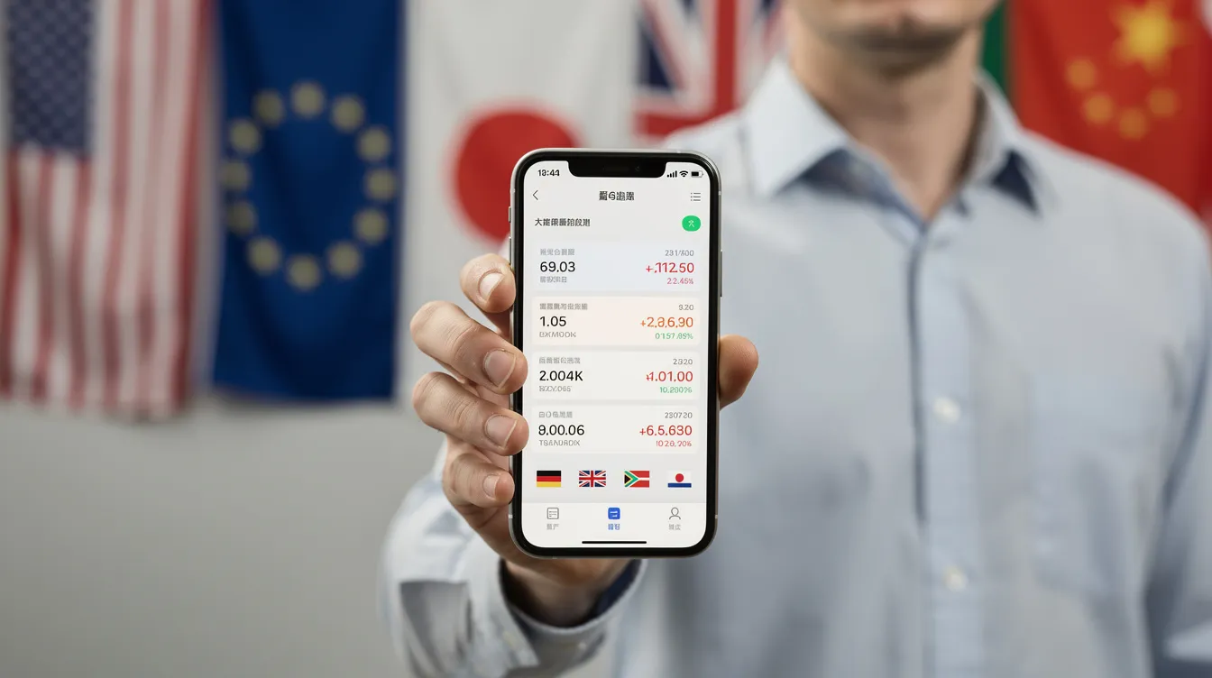 The image shows a person holding a smartphone that displays a currency exchange screen, with various international flags in the background, symbolizing global money transfers. This visual highlights the importance of understanding exchange rates and transfer fees when sending money internationally, as seen in comparisons like Revolut vs Remitly.