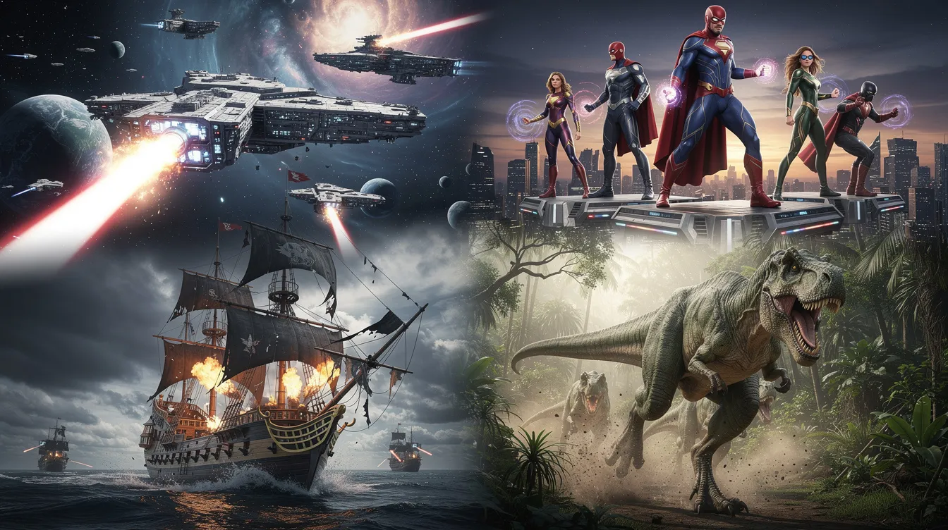 Die Collage zeigt verschiedene Szenen aus Blockbuster-Filmen, darunter epische Weltraumschlachten, Piratenschiffe, Superhelden und Dinosaurier. Diese visuellen Elemente repräsentieren einige der teuersten Filme aller Zeiten, die mit beeindruckenden Spezialeffekten und hohen Produktionskosten in die Kinos kamen.