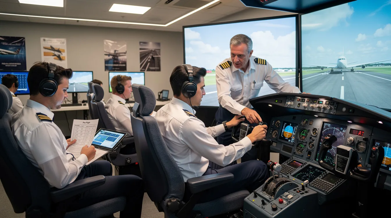 A group of aviation students is engaged in a flight simulator exercise, guided by an instructor who is providing support and information. This hands-on training is part of their education and recruitment efforts to prepare the next generation of aircraft pilots and maintenance technicians for careers in the aviation industry.