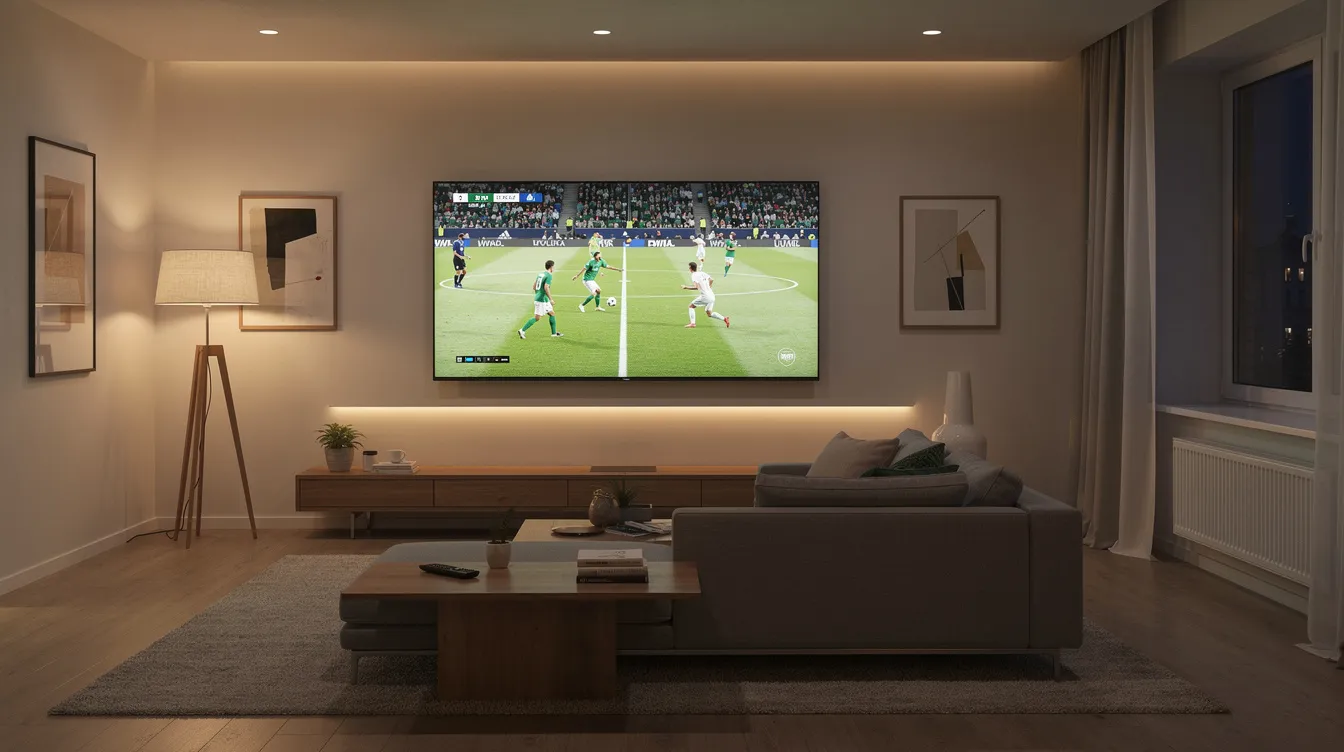 The image depicts a modern living room featuring a large flatscreen TV showcasing a football match, with cozy lighting that creates a warm atmosphere. This setup is perfect for enjoying live TV channels through an IPTV service, ideal for sports fans and UK viewers looking for high-quality streaming.