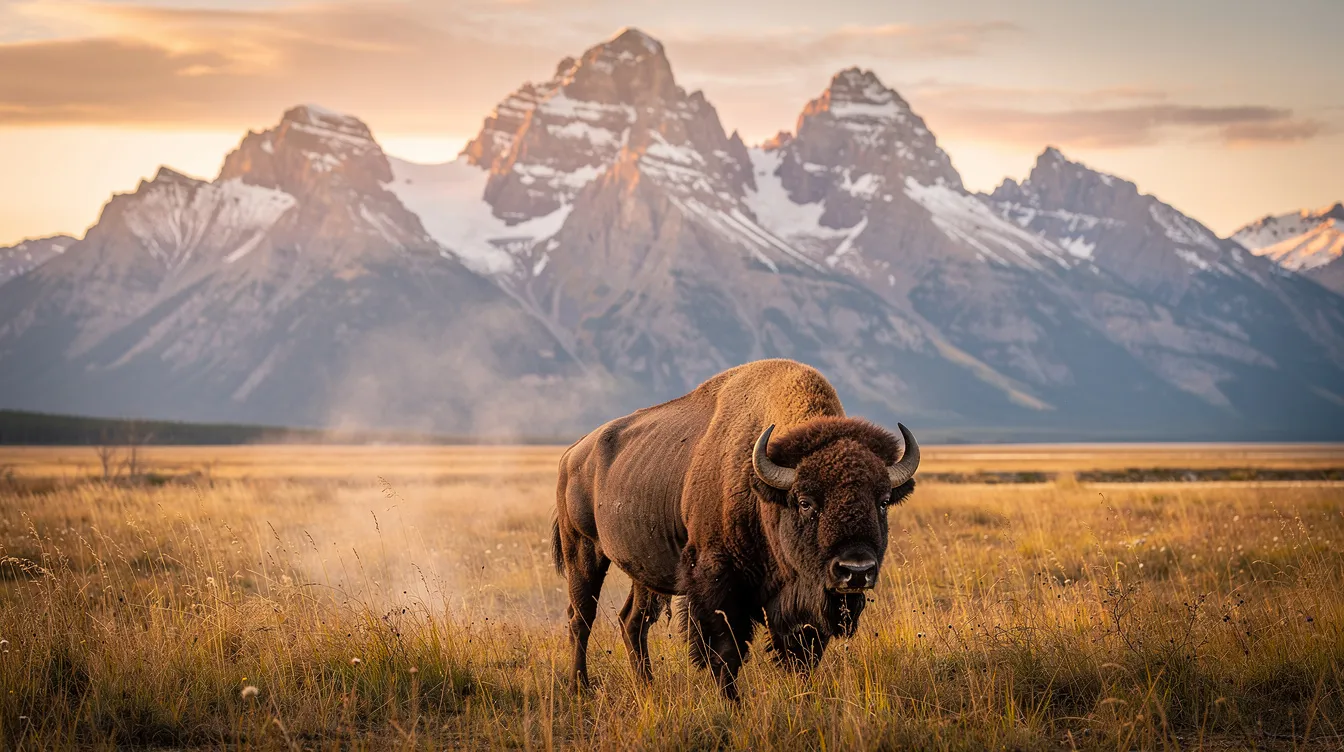 A majestic bison stands alone in golden prairie grass, with the stunning Canadian Rockies rising in the background under the warm glow of evening light, creating a breathtaking scene perfect for fine art prints. This artwork captures the beauty and character of the Canadian landscape, making it an ideal statement piece for any collection.
