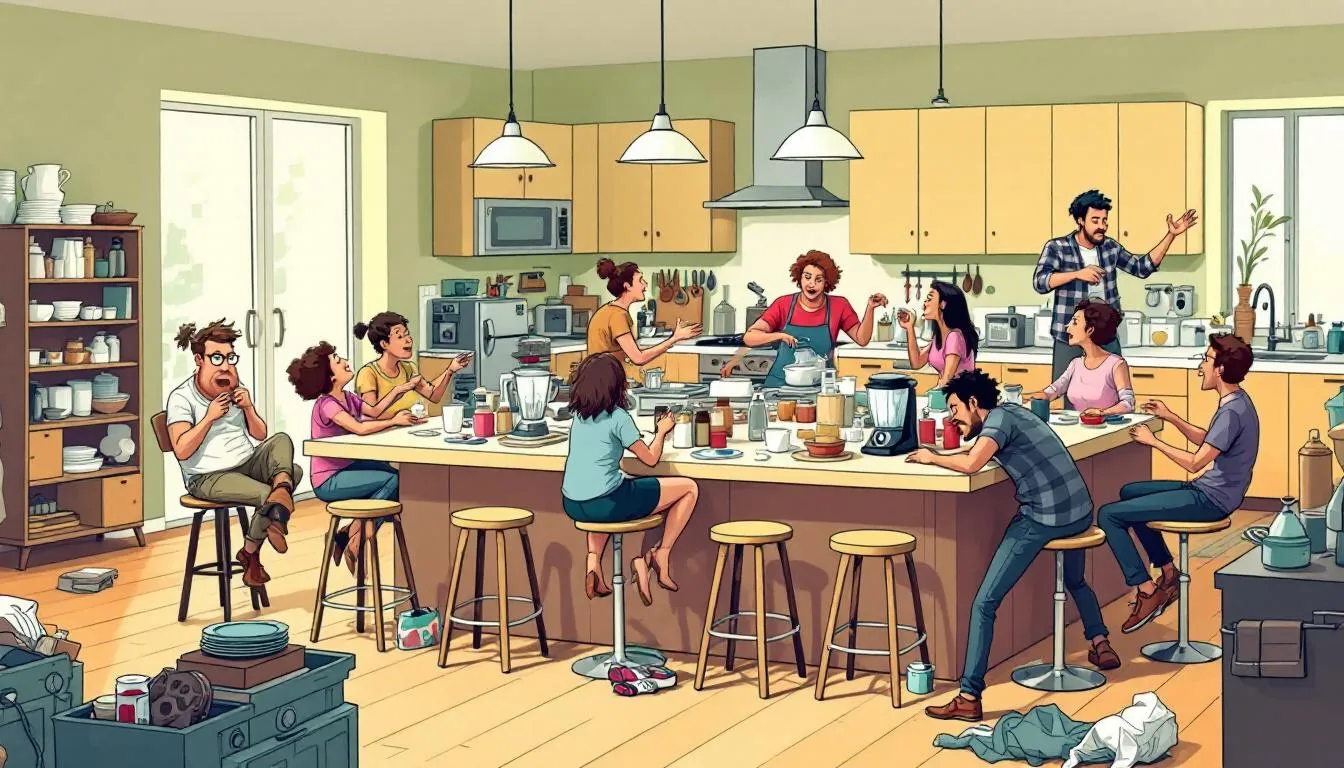 An oversized kitchen island with bar stools, illustrating the challenges of maxed-out kitchen islands.
