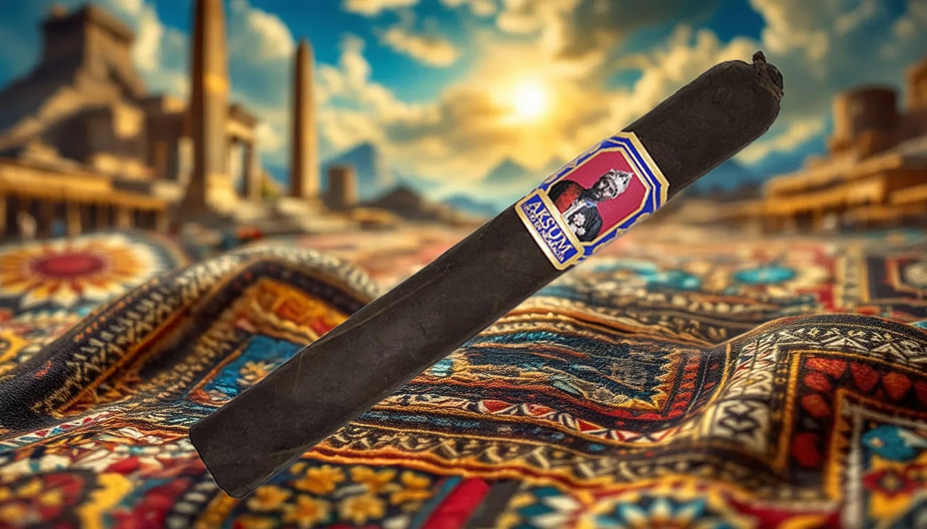 Aksum Maduro cigar with a historical backdrop referencing ancient civilization.