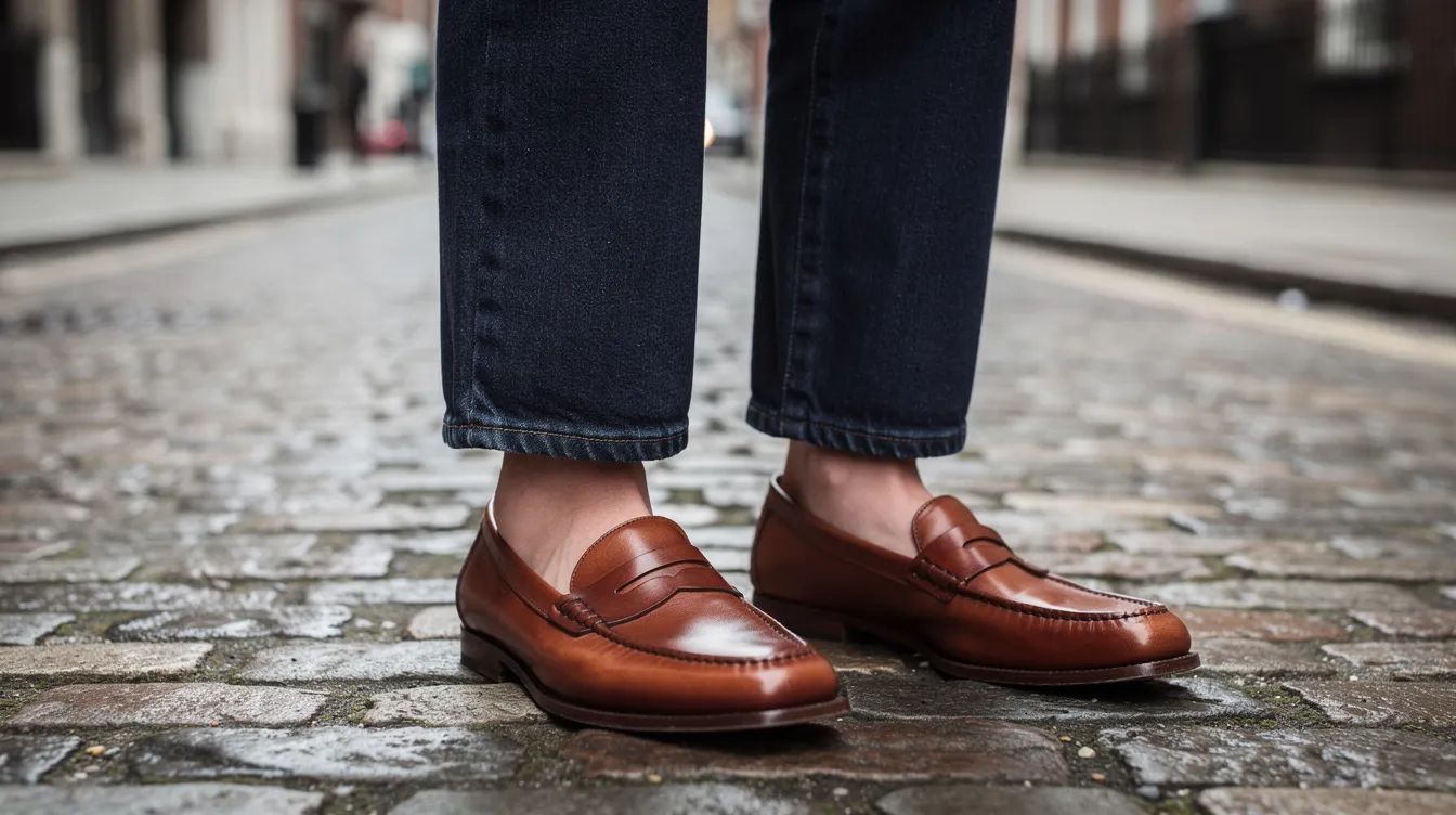 A close-up view of dark indigo barrel leg jeans cropped at the ankle, elegantly paired with brown leather loafers, is set against the textured backdrop of a cobblestone street in London, capturing a chic moment that embodies the essence of London Fashion Week 2026. The combination of styles reflects current trends and creativity in British fashion.