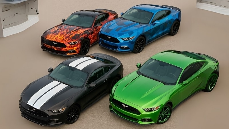 Multiple mustangs wrapped with different vinyl sheets which is also protecting their paints