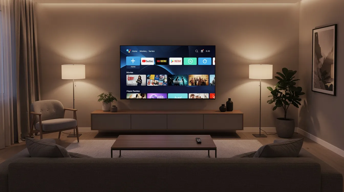 The image depicts a modern living room featuring a large screen TV displaying a streaming interface menu, indicative of popular live TV streaming services. A remote control rests on a coffee table, surrounded by ambient evening lighting, creating a cozy atmosphere for enjoying favorite shows and sports channels.