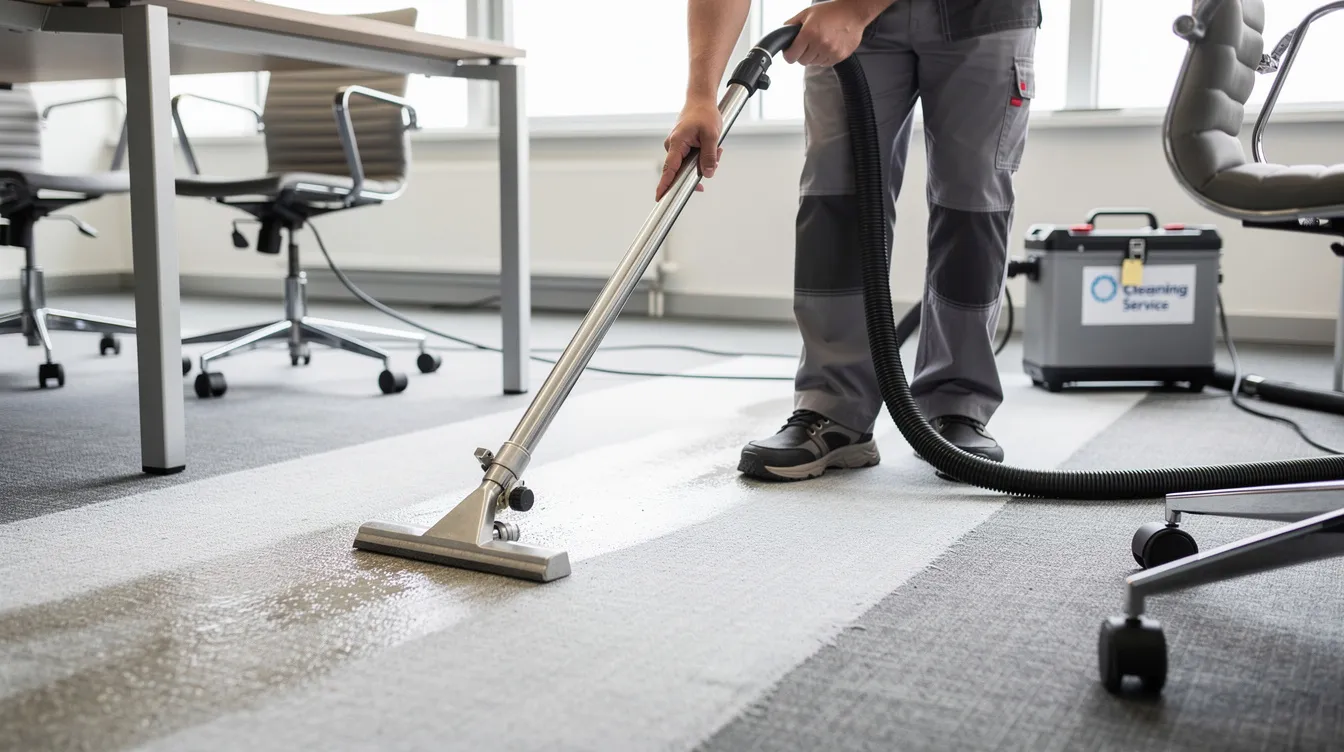 The image shows a professional carpet cleaning service in an office, focusing on the lower half of the scene, including a technician using specialized equipment to clean the carpet. The process highlights the thorough cleaning of carpet fibers to remove surface dirt and stubborn stains, improving indoor air quality.