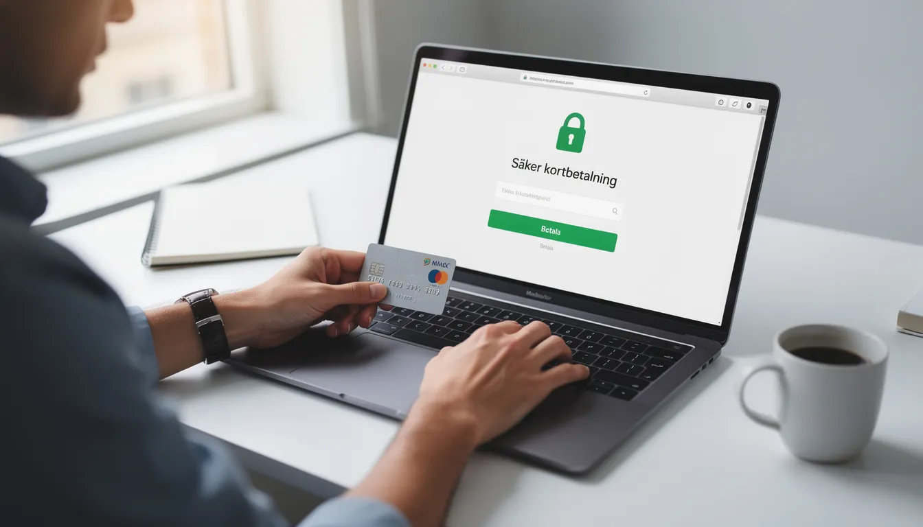 En person sitter vid en bärbar dator och gör en säker kortbetalning med Mastercard för att sätta in pengar på ett online casino. Skärmen visar en betalningssida där insättning och uttag hanteras, vilket underlättar för spelare att delta i spel med svensk licens.