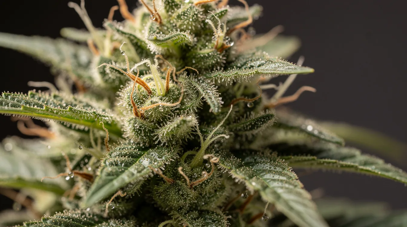 Die Nahaufnahme zeigt eine Cannabisblüte mit zahlreichen sichtbaren Trichomen und Harzdrüsen, die für die Wirkung von Cannabis entscheidend sind. Diese Blüte könnte sowohl von einer Indica- als auch von einer Sativa-Pflanze stammen, was die Unterschiede zwischen den Cannabissorten verdeutlicht.