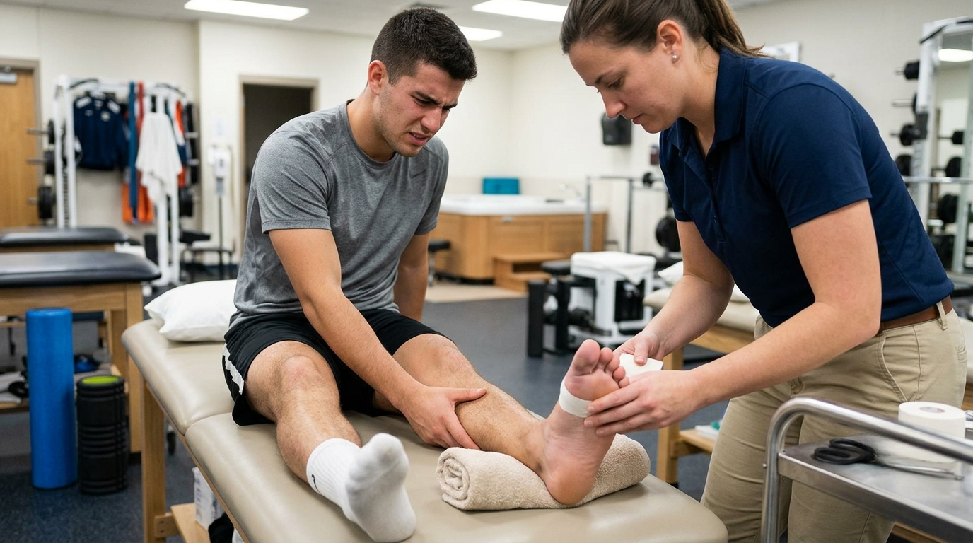 Physical therapist taping an athlete's foot and ankle during a clinic treatment session