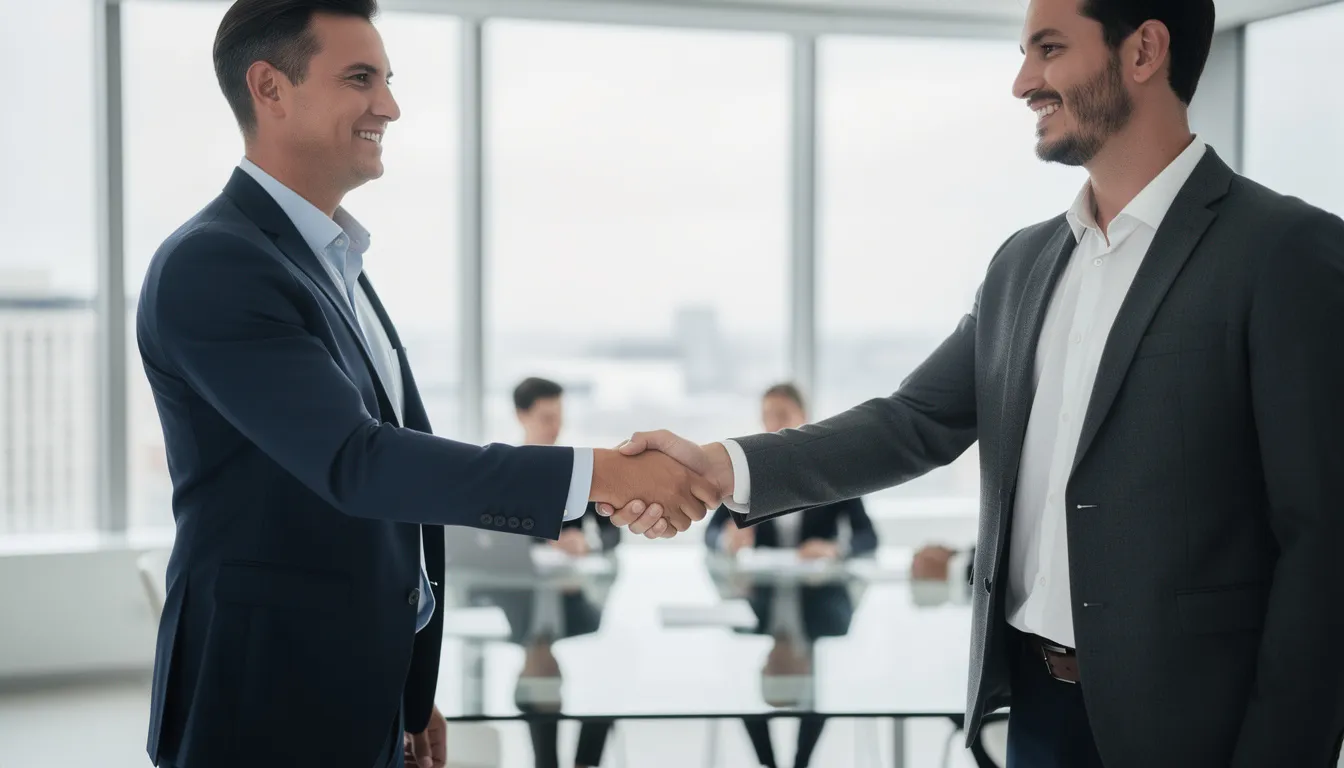 Två personer skakar hand i en överenskommelse, vilket symboliserar samarbete och förtroende. Handtrycket kan representera en affärsöverenskommelse inom spelindustrin, där riktiga pengar och odds är centrala teman.