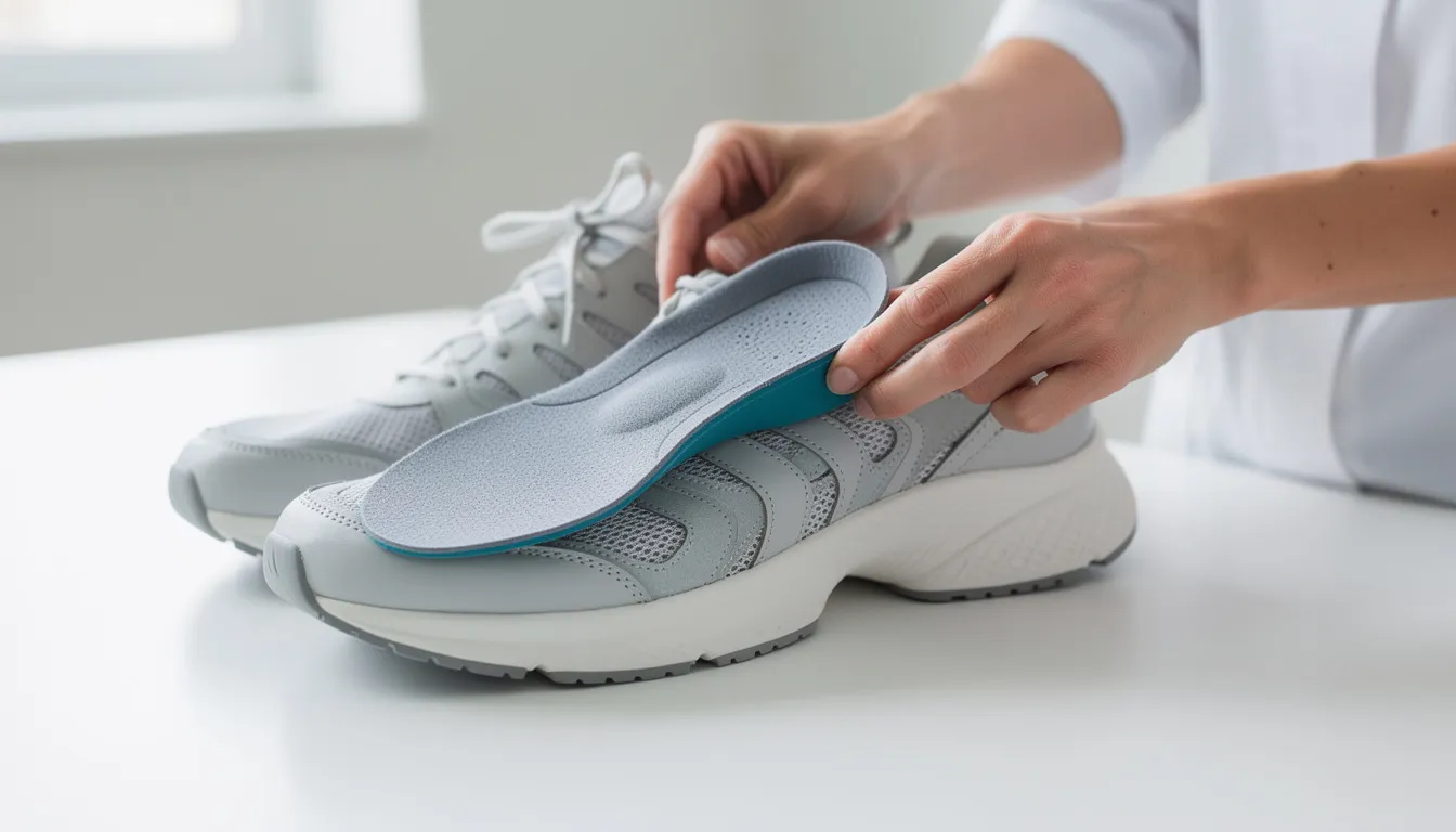 Custom orthotic insoles being placed into supportive sneakers to help relieve toe pain at night
