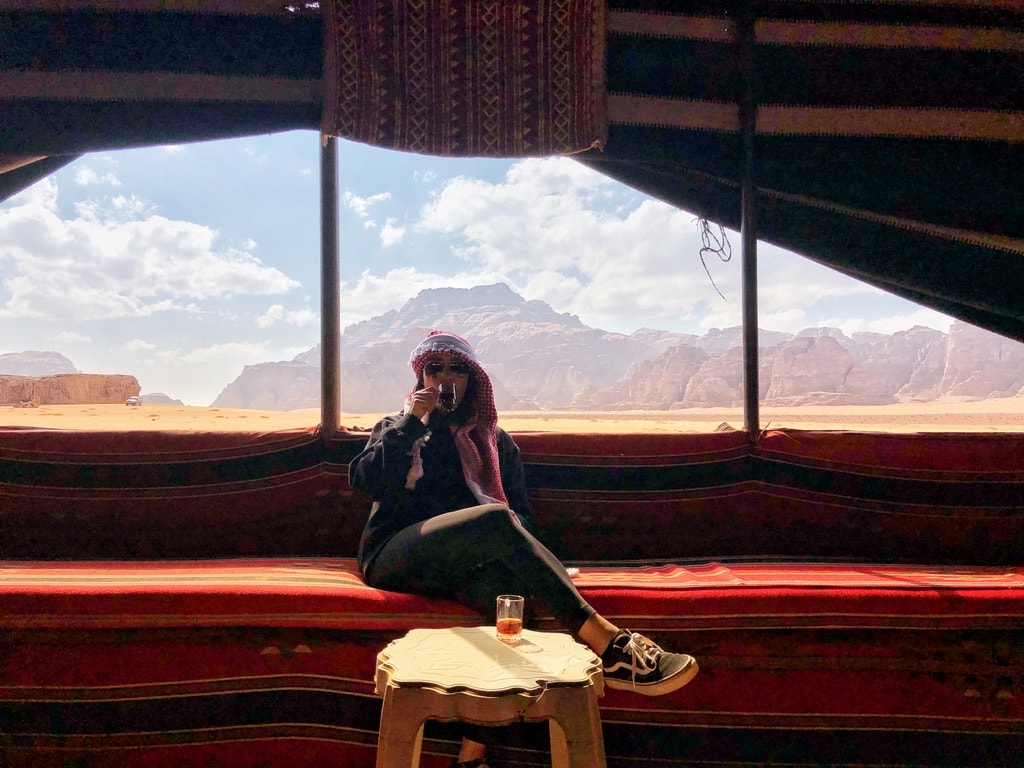 Drinking tea in a Bedouin tent