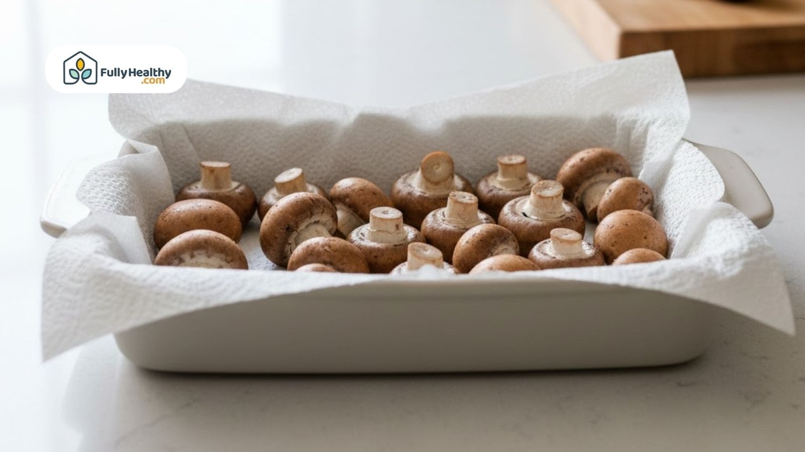Fresh mushrooms lined with paper towels in a ceramic dish.
