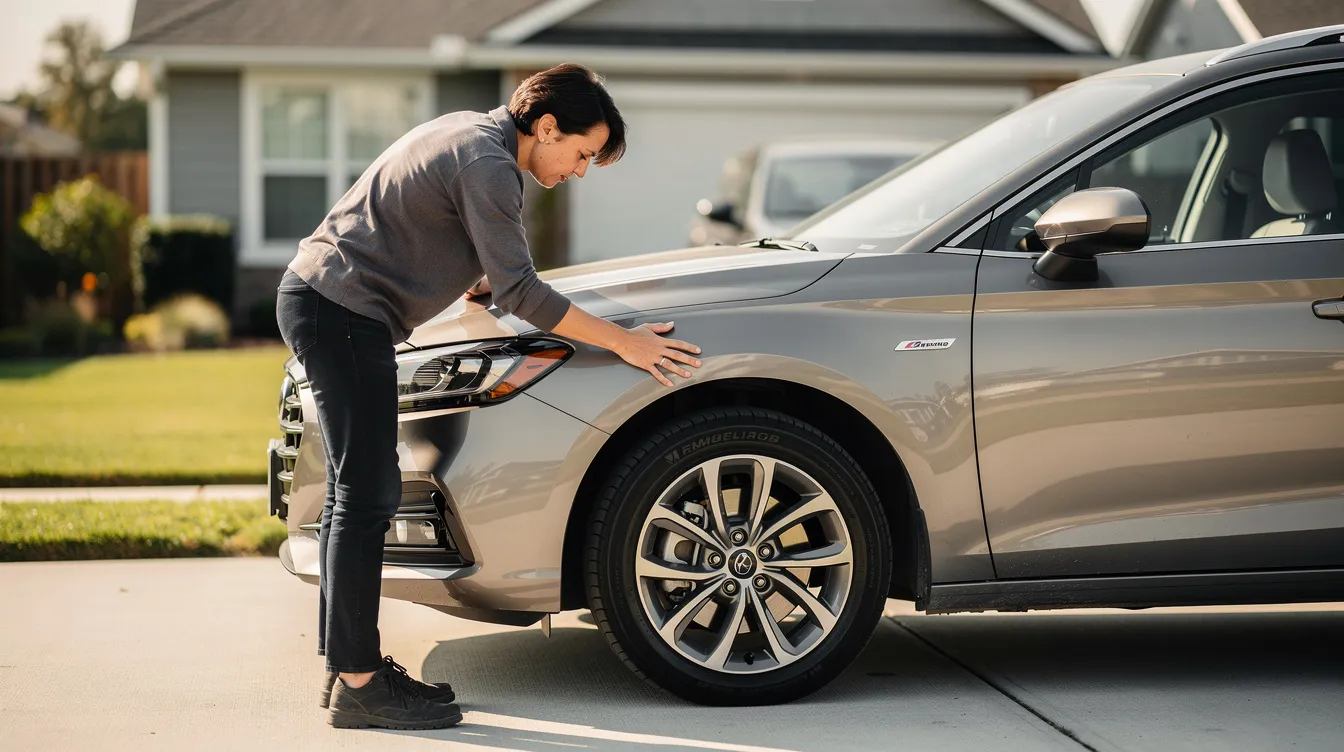 A person is carefully inspecting the exterior of a sedan parked in a driveway, ensuring the vehicle's condition is satisfactory, which is essential for car shipping services. This attention to detail is important for anyone considering auto transport options for their vehicle.