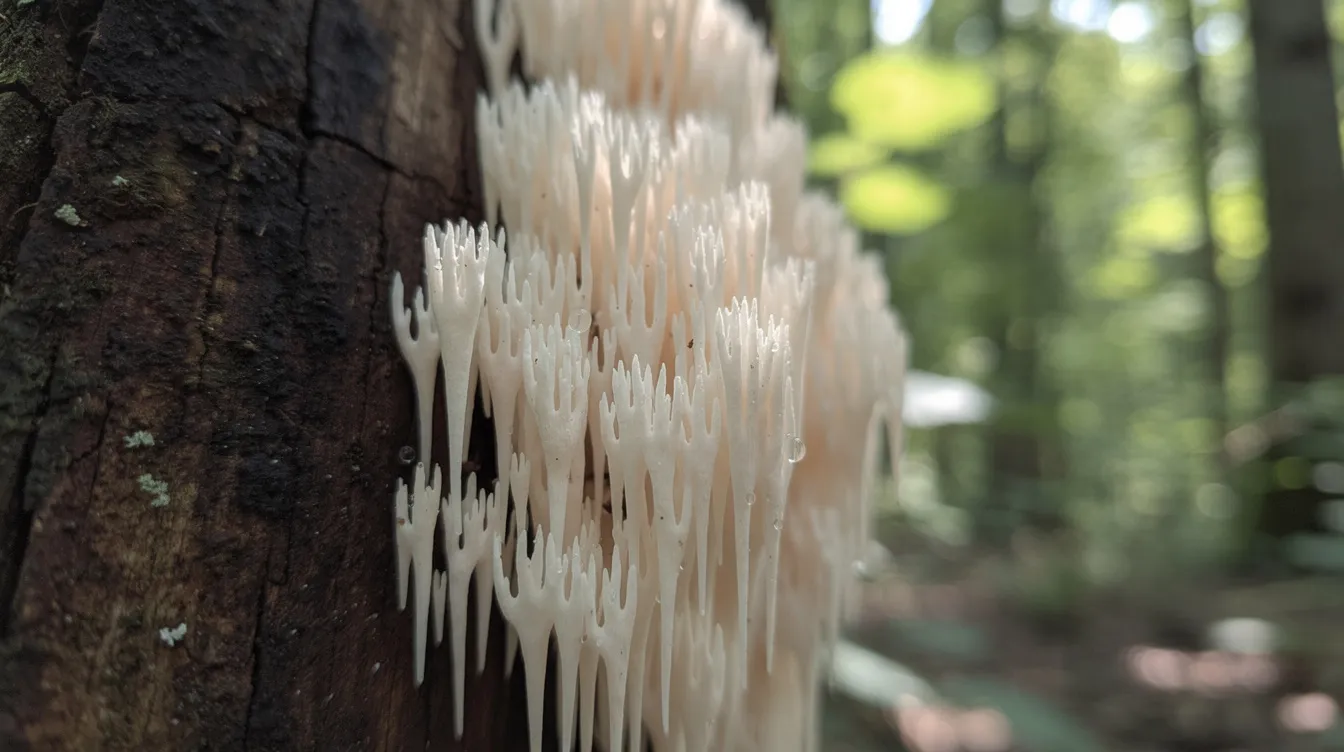 A close-up view of a white lion's mane mushroom, characterized by its long, cascading spines, is growing on a dark hardwood tree trunk in a lush forest. This functional mushroom is known for its potential cognitive benefits and is often used in lion's mane supplements for brain health and mental clarity.