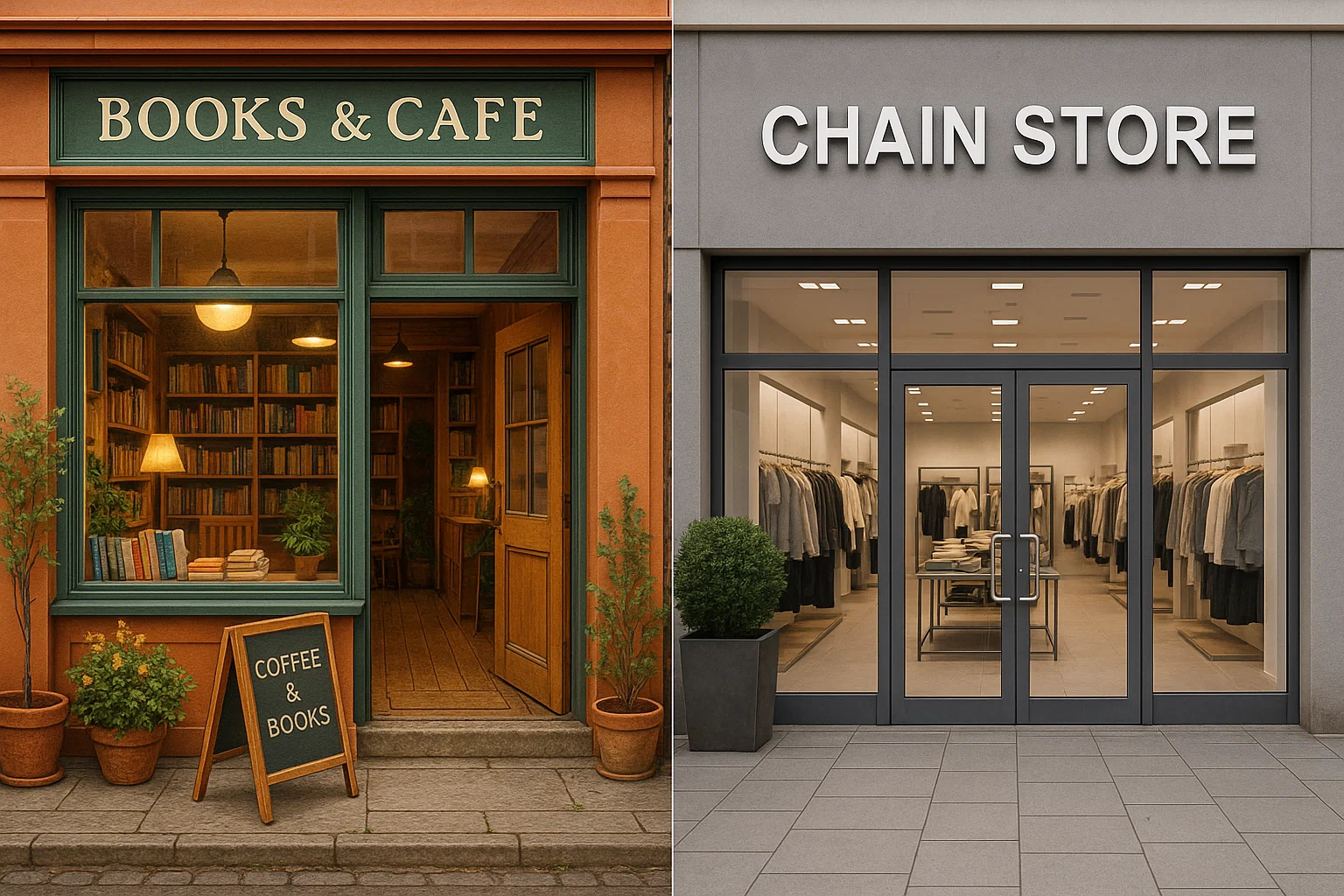 Independent shop front standing out against a larger corporate chain store.