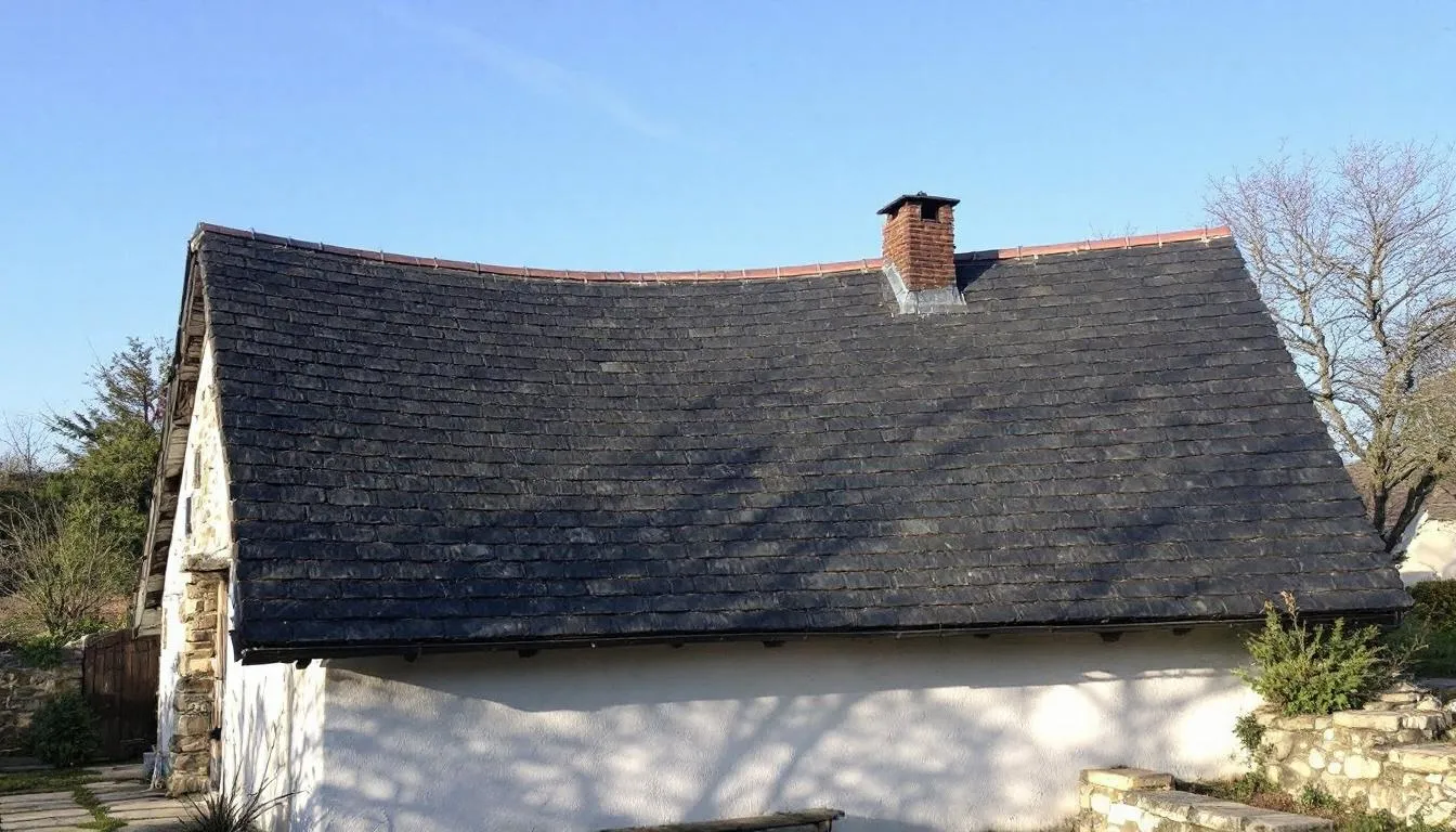 Une maison traditionnelle du Pays de Retz présente un toit en ardoise naturelle, soulignant l'expertise des couvreurs de Sainte Pazanne dans la rénovation de toiture. Ce type de couverture, typique de la Loire Atlantique, reflète un savoir-faire artisanal et une attention particulière à la qualité des matériaux.