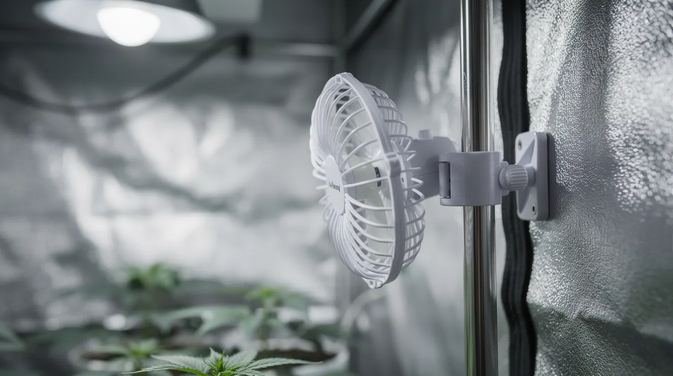 The image shows a small oscillating clip fan securely attached to metal poles inside a grow tent, designed to enhance the ventilation system for growing cannabis plants. This setup is essential for maintaining optimal air circulation and temperature within the indoor grow environment.
