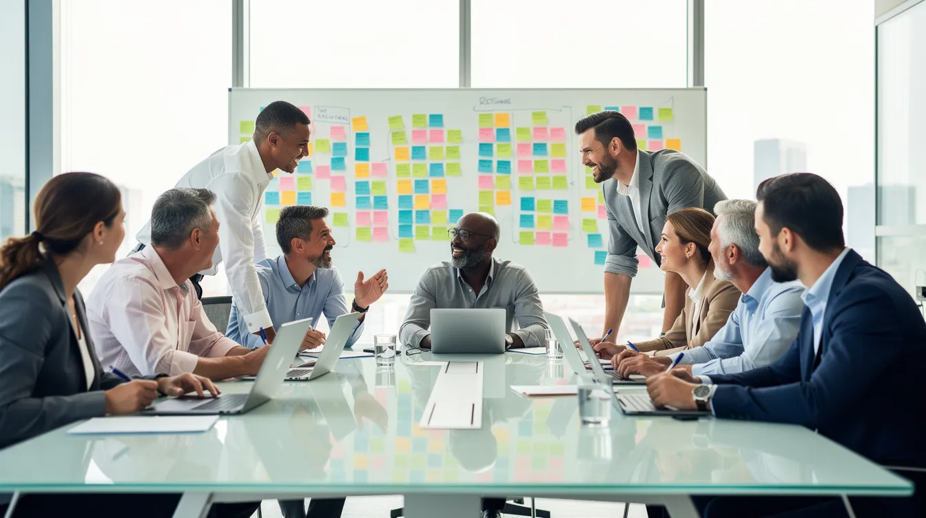 Team gathered around a whiteboard covered in sticky notes.
