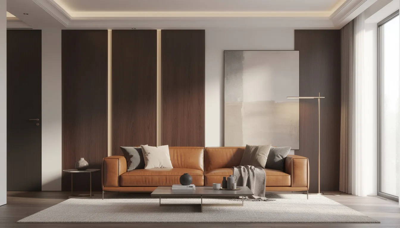 Een elegante woonkamer met een donkere houten accentmuur, afgewerkt met rustiek eiken wandpanelen, en een luxe leren bank die een stijlvolle uitstraling geeft. De combinatie van de warme kleuren en texturen creëert een sfeervolle en moderne ambiance.