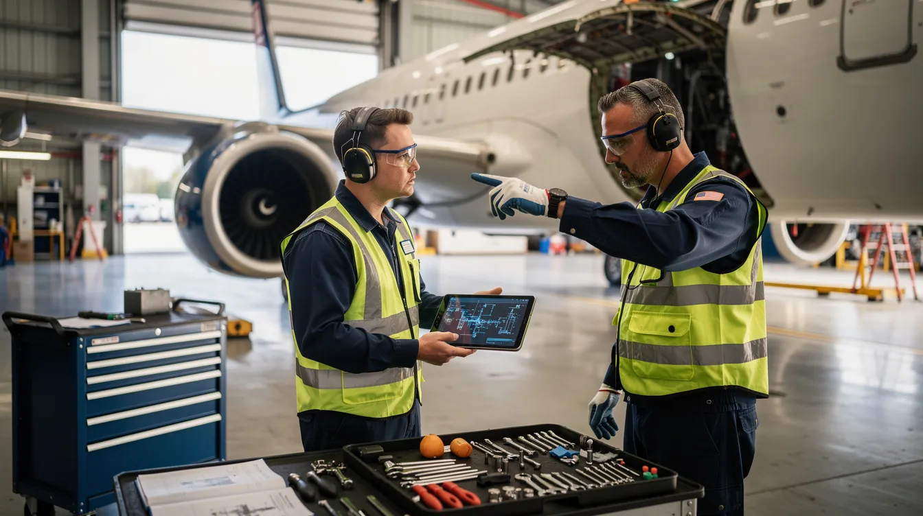 An aircraft maintenance apprentice is seen working closely with a mentor in a shop environment, engaging in hands-on training to learn about aircraft repair and maintenance. This apprenticeship program provides valuable job training and experience in the aviation industry, preparing the apprentice for a successful career as a maintenance technician.