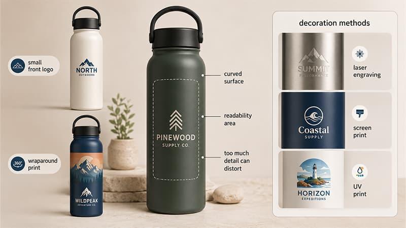 Custom water bottle logo decoration methods including front logo, wraparound print, laser engraving, screen print, and UV print