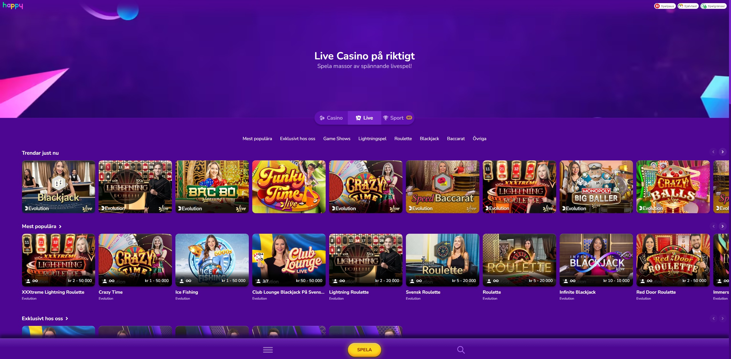 Happy Casino live casino med blackjack, roulette, baccarat och spelshower från Evolution.
