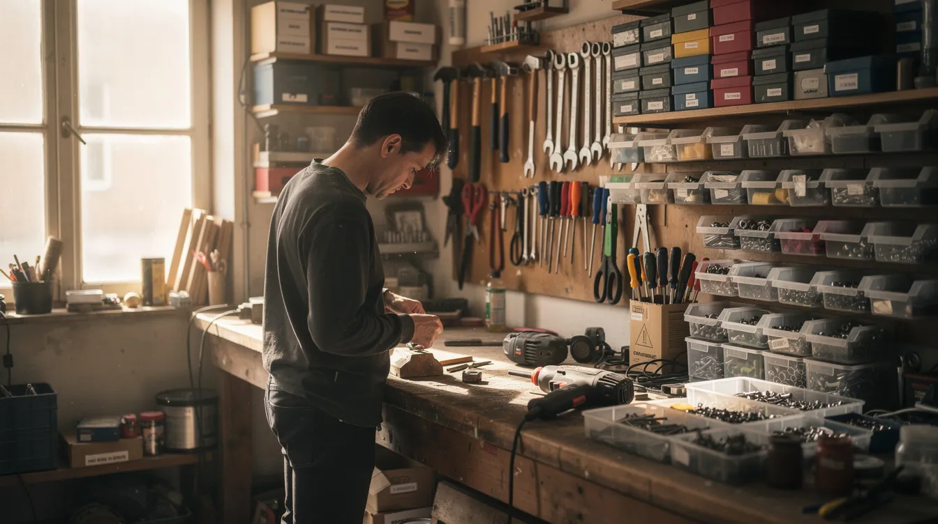 The image depicts a person diligently working in a small workshop filled with various tools and inventory, indicative of a micro business environment. This setting reflects the essence of small business ownership, where individuals often apply for a mudra loan to support their business activities and ensure financial viability.