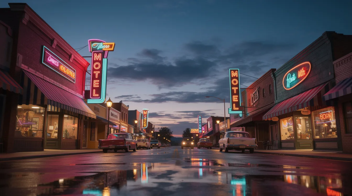 A vibrant scene of colorful neon motel signs illuminating a small-town main street at twilight, surrounded by vintage storefronts that reflect the spirit of the historic Route 66. This picturesque setting captures the essence of classic Americana and invites travelers to explore the cultural attractions and adventures along the Mother Road.