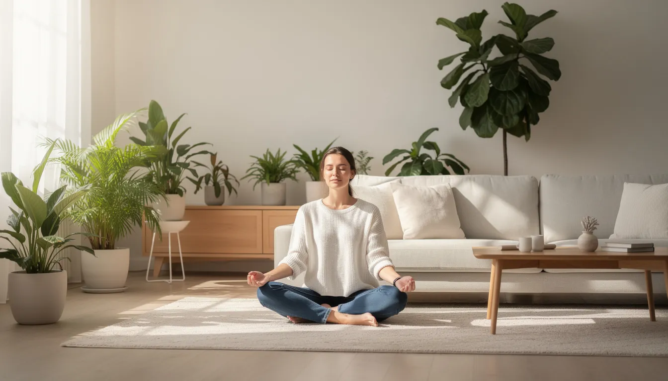 A person is meditating peacefully in a serene living room filled with lush plants and bathed in natural light, creating a tranquil atmosphere that promotes relaxation and mindfulness. This calming environment can support managing blood sugar levels and overall health through stress reduction and healthy lifestyle choices.