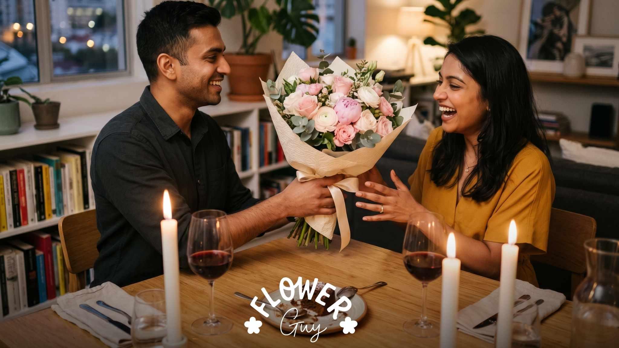 South African boyfriend gives his girlfriend a luxury pink rose and peony bouquet with romantic happy birthday wishes at a candlelit dinner