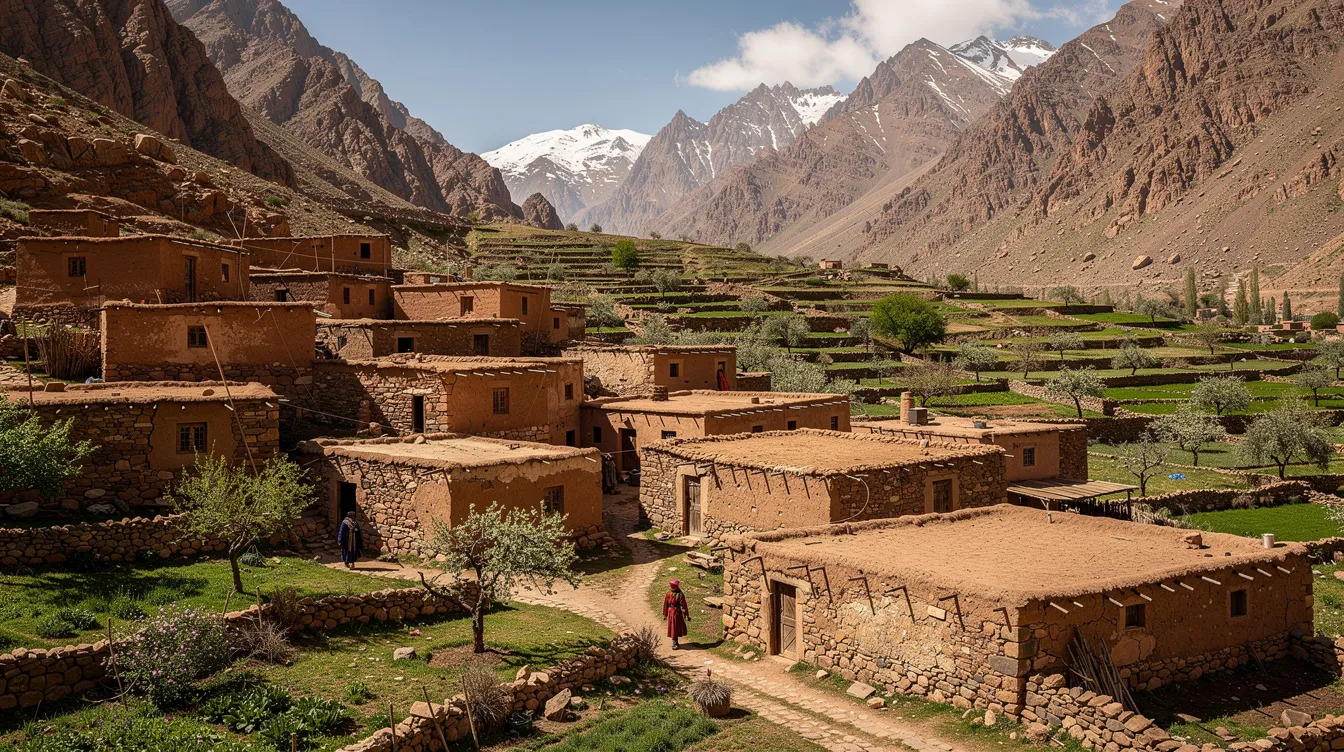 The image depicts a traditional Berber village with stone buildings surrounded by lush greenery in the High Atlas Mountains of Morocco, showcasing the serene beauty of rural life. This picturesque setting offers a glimpse into the cultural attractions of the region, making it an ideal place for travelers seeking authentic experiences.