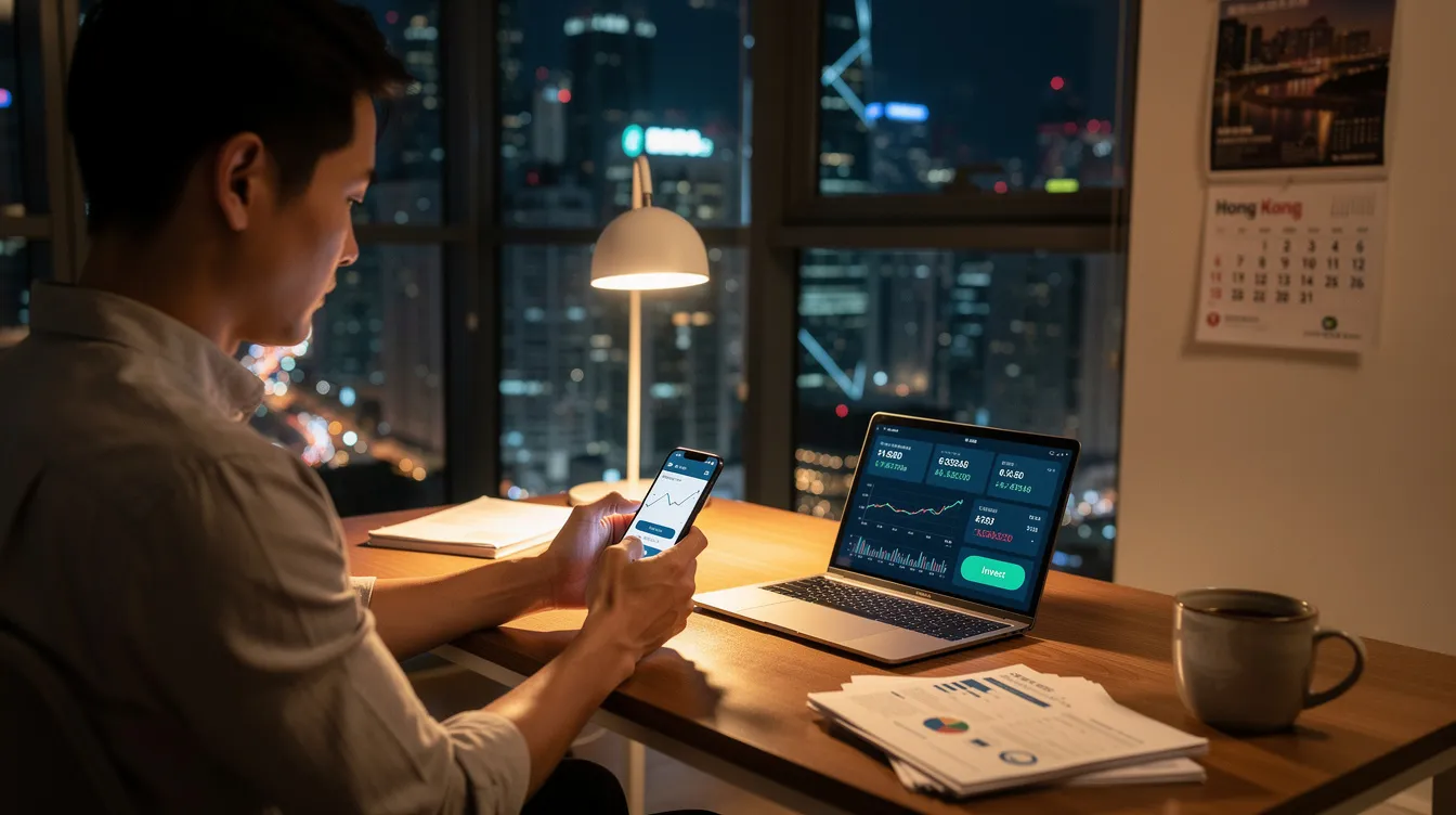 A person is sitting at a desk in a modern Hong Kong apartment, browsing financial services on their smartphone. The screen displays options for low-interest private loans and online application processes, highlighting features such as instant approval and loan amounts tailored to the user's needs.